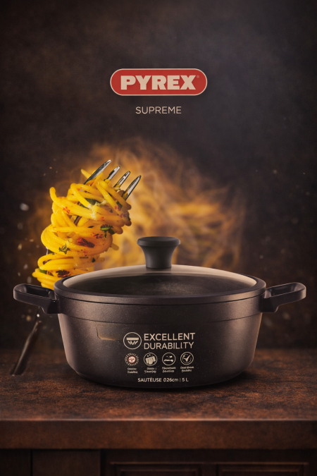 🍲 قدر PYREX Supreme سوتيه قوة تحمل عالية وأداء احترافي، توزيع حرارة ممتاز، تصميم متين مع غطاء عملي. مثالي للطبخ اليومي والعزائم بكل ثقة 🔥 📏 المقاس: 36 سم | السعة: 8 لتر